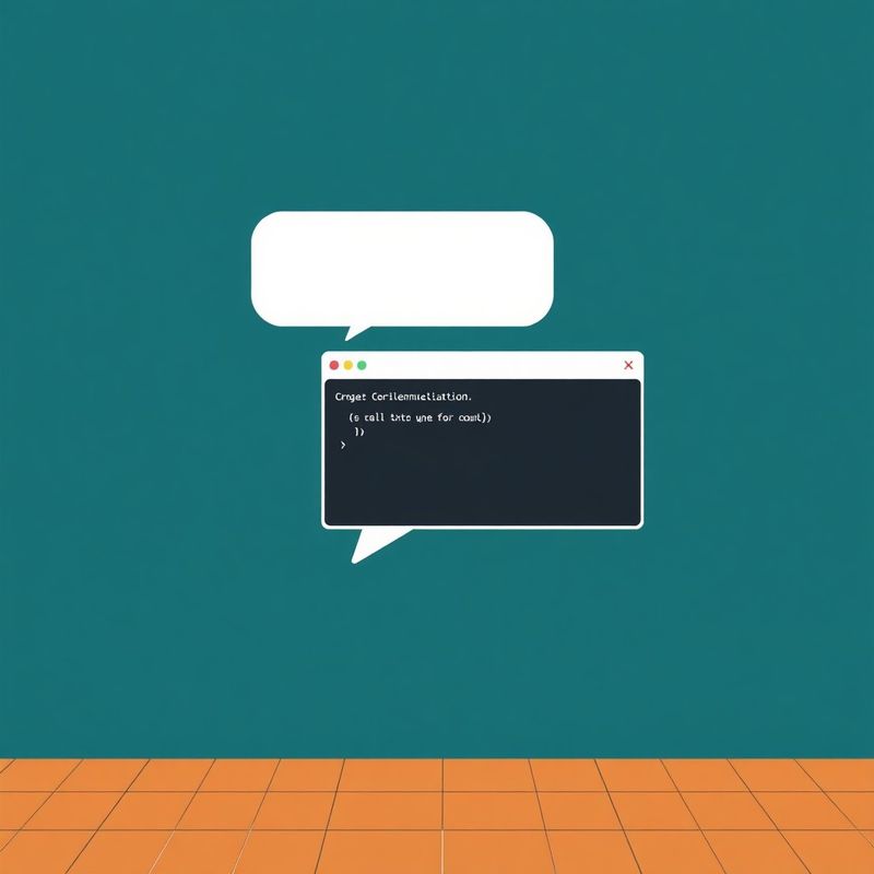 Ilustración de burbuja de chat y ventana de terminal sobre fondo teal