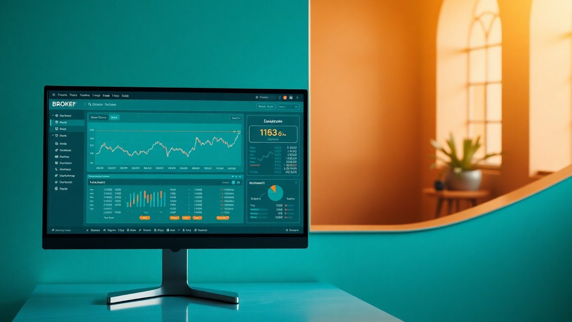 Panel de trading algorítmico junto a diagrama de integración con broker